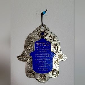 Metal Hamsa silver and blue with blessing for home New